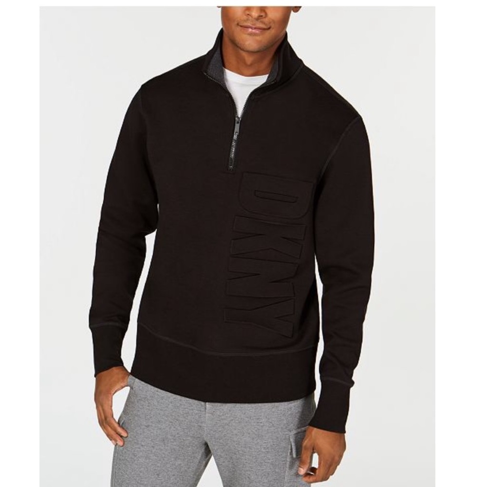 NWT DKNY Mens Black Logo Quarter Zip Sweater